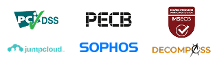 PCI DSS, PECB, ISO/IEC 27001, MSECB, JumpCloud, Sophos, and Decompass certification and partner logos