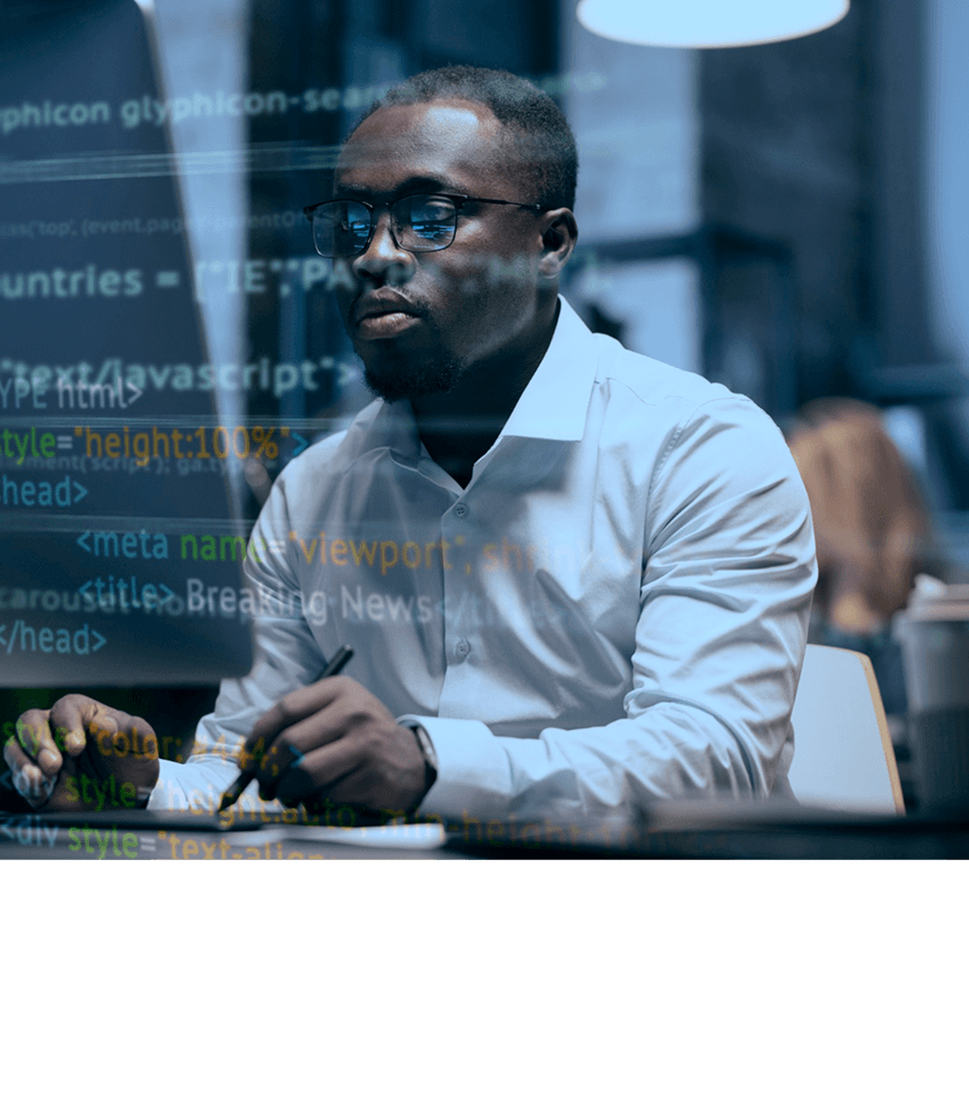 Security analyst monitoring code and breaking news alerts on a SIEM dashboard